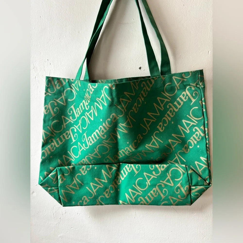 Vintage Deadstock Jamaica Green & Gold Canvas Tote Beach Bag